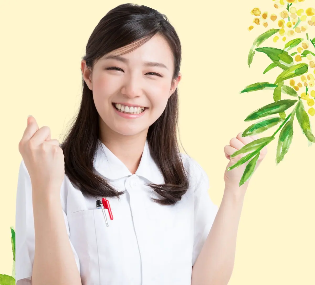笑顔でガッツポーズをする歯科衛生士とミモザの花｜今西歯科クリニック 歯科衛生士募集（常勤・正社員）